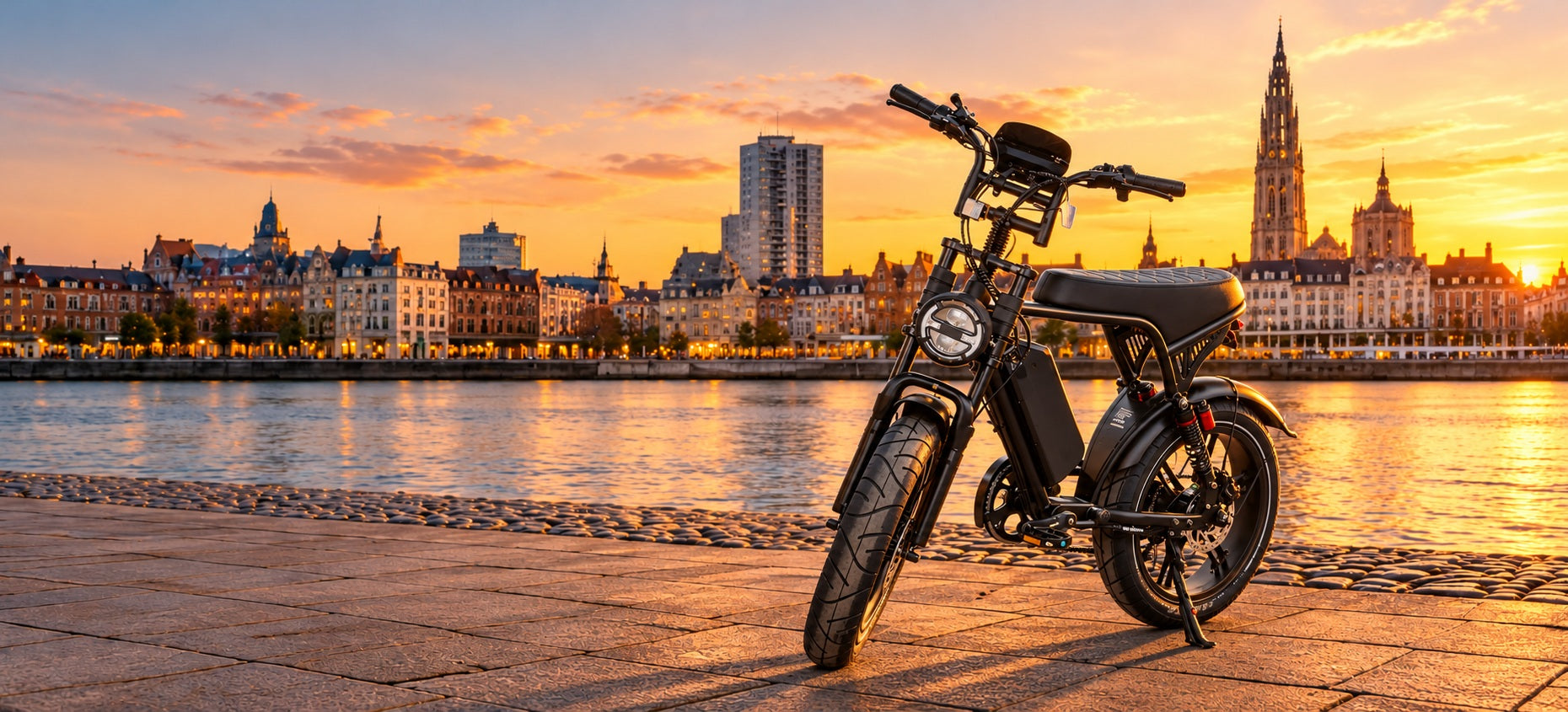 OUXI V8 Ultra op de Antwerpse kade bij zonsondergang, sfeerbeeld
